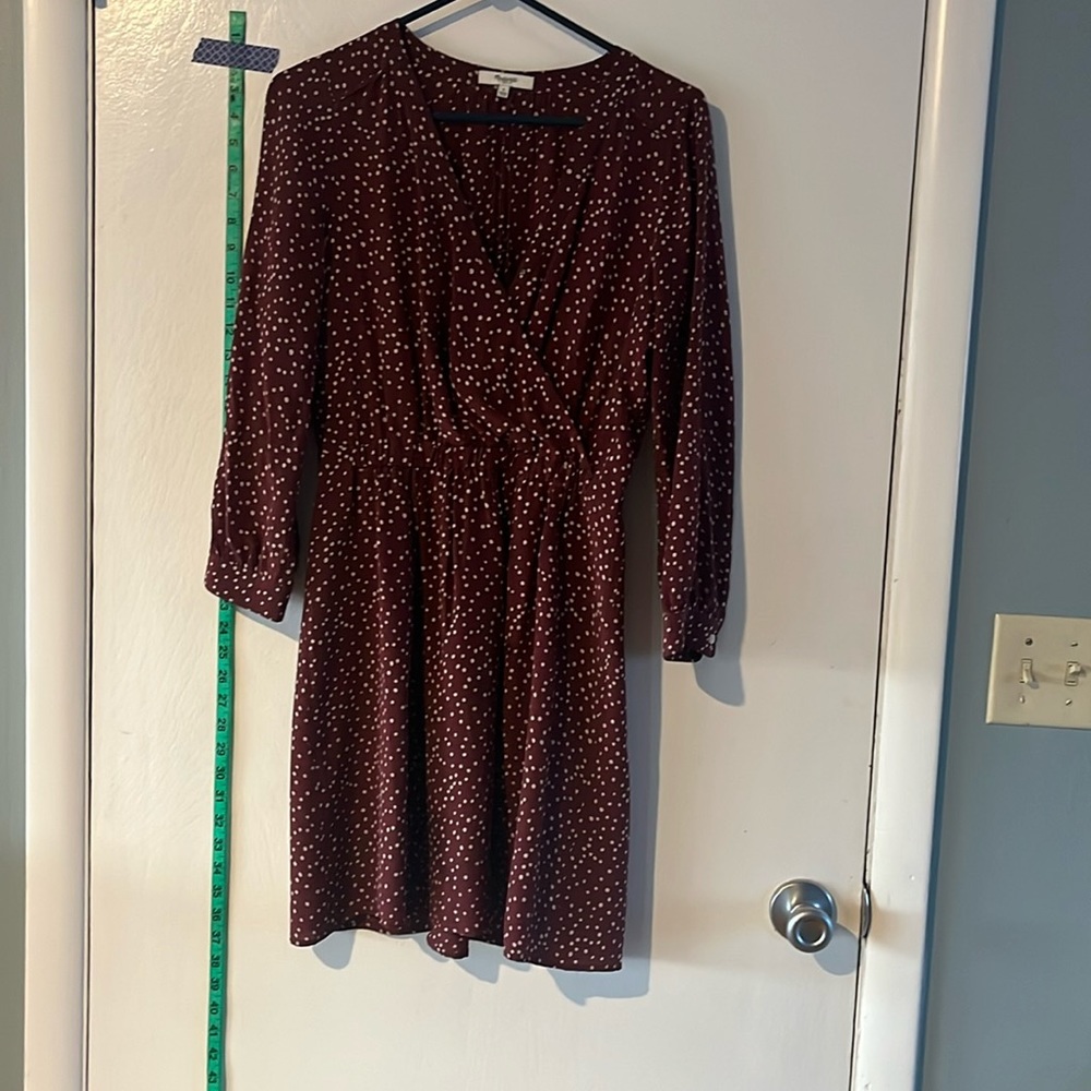 Madewell faux Wrap Dress - maroon with tan polka dots